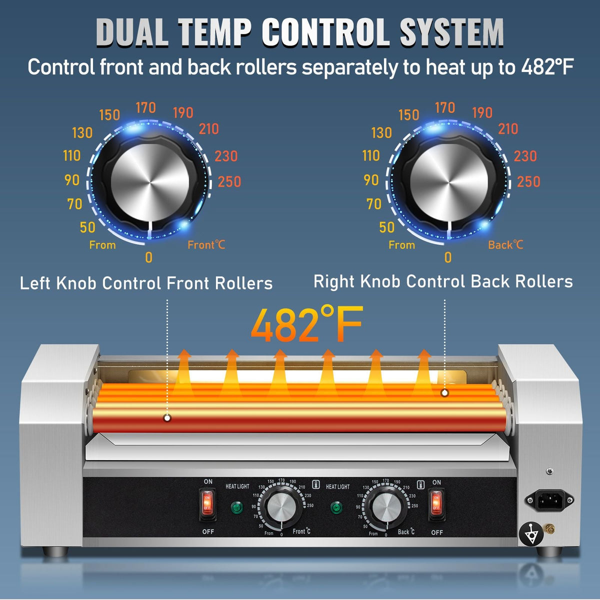 Hot Dog Roller, 12 Hot Dog Capacity 5 Rollers, 750W Stainless Steel Cook Warmer Machine with Dual Temp Control, LED Light and Detachable Drip Tray, Sausage Grill Cooker for Kitchen Restaurant