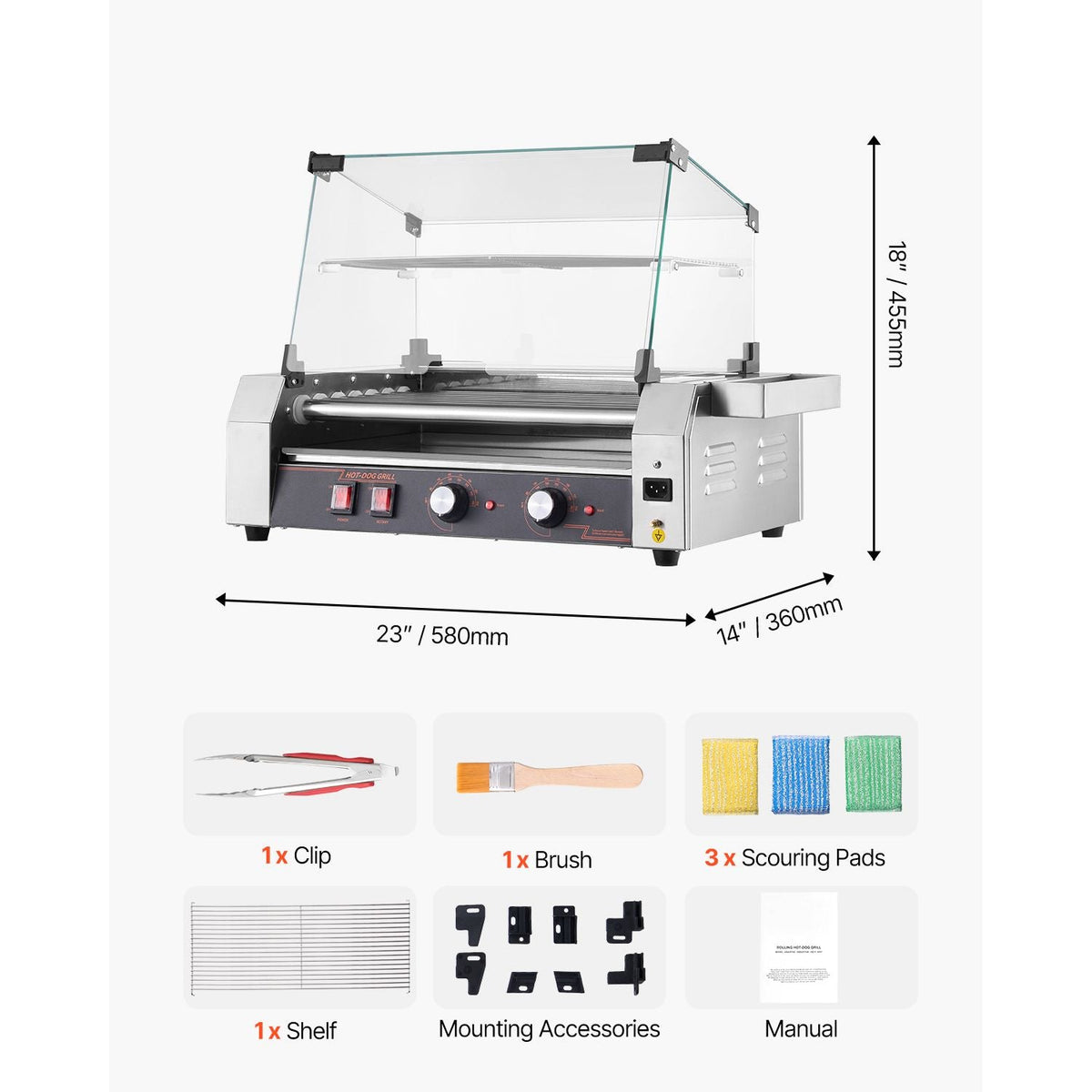 Hot Dog Roller, 18 Hot Dog 7 Rollers, Stainless Steel Sausage Grill Cooker, 1050W Commercial Hot Dog Machine with Dual Temp Control, Cover, Side Storage Box, Removable Shelf & Oil Drip Tray