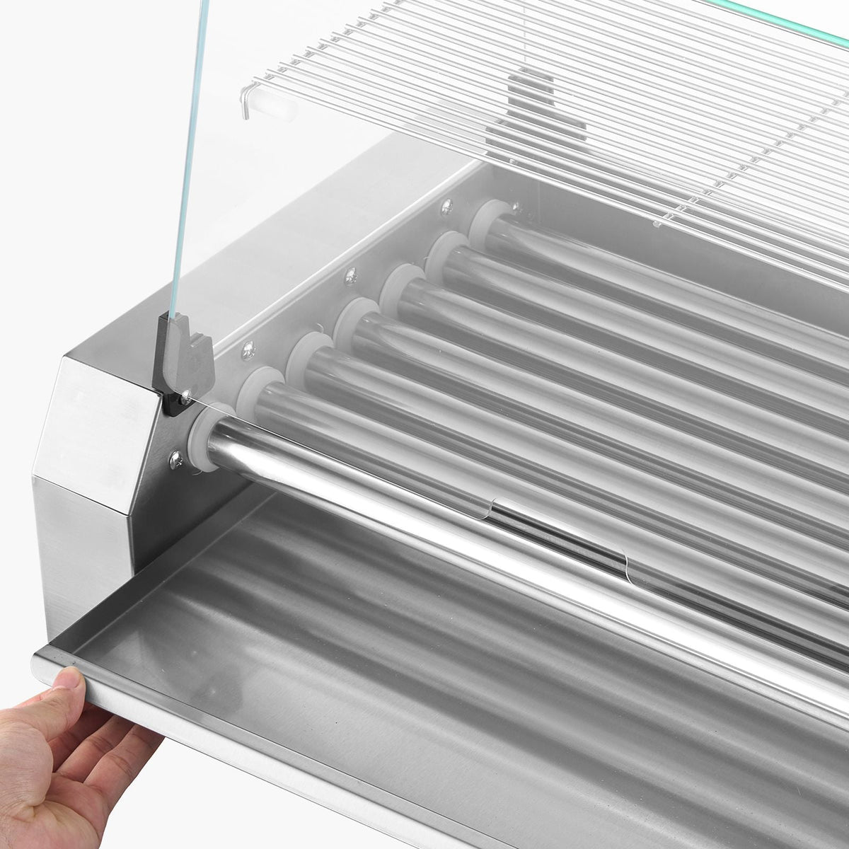 Hot Dog Roller, 18 Hot Dog 7 Rollers, Stainless Steel Sausage Grill Cooker, 1050W Commercial Hot Dog Machine with Dual Temp Control, Cover, Side Storage Box, Removable Shelf & Oil Drip Tray