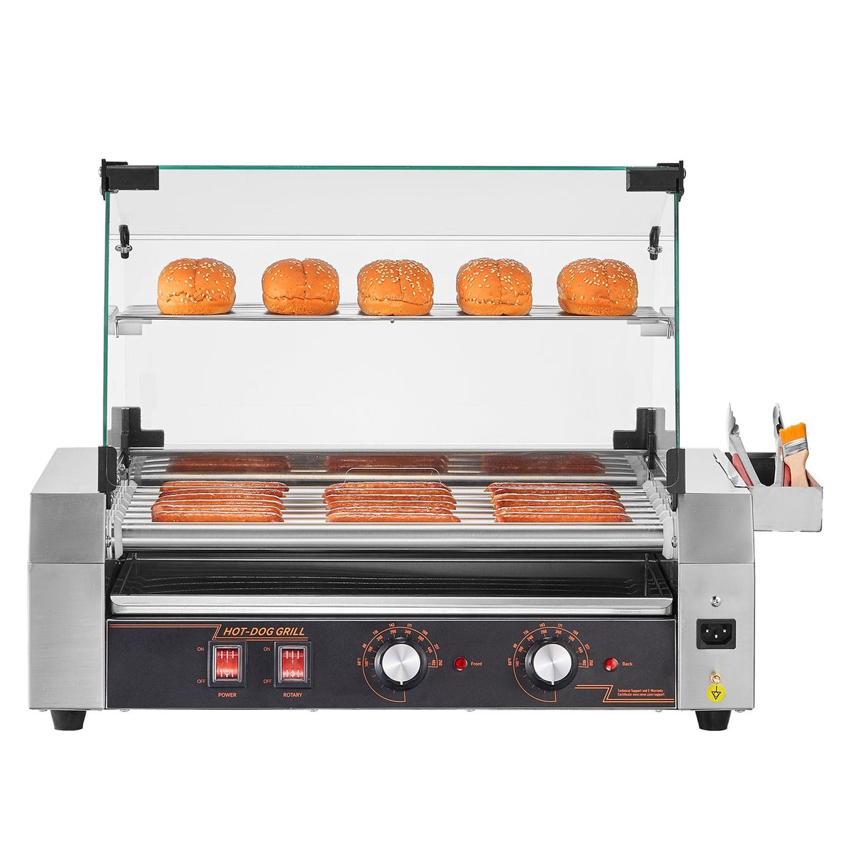 Hot Dog Roller, 18 Hot Dog 7 Rollers, Stainless Steel Sausage Grill Cooker, 1050W Commercial Hot Dog Machine with Dual Temp Control, Cover, Side Storage Box, Removable Shelf & Oil Drip Tray