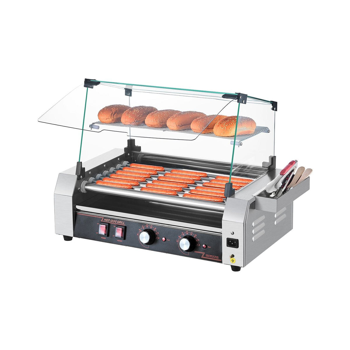 Hot Dog Roller, 18 Hot Dog 7 Rollers, Stainless Steel Sausage Grill Cooker, 1050W Commercial Hot Dog Machine with Dual Temp Control, Cover, Side Storage Box, Removable Shelf & Oil Drip Tray