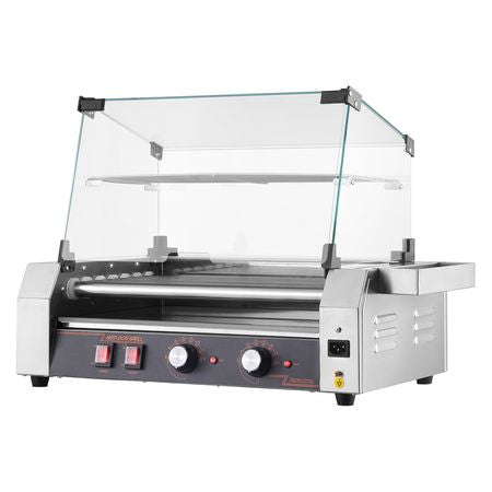 Hot Dog Roller, 18 Hot Dog 7 Rollers, Stainless Steel Sausage Grill Cooker, 1050W Commercial Hot Dog Machine with Dual Temp Control, Cover, Side Storage Box, Removable Shelf & Oil Drip Tray