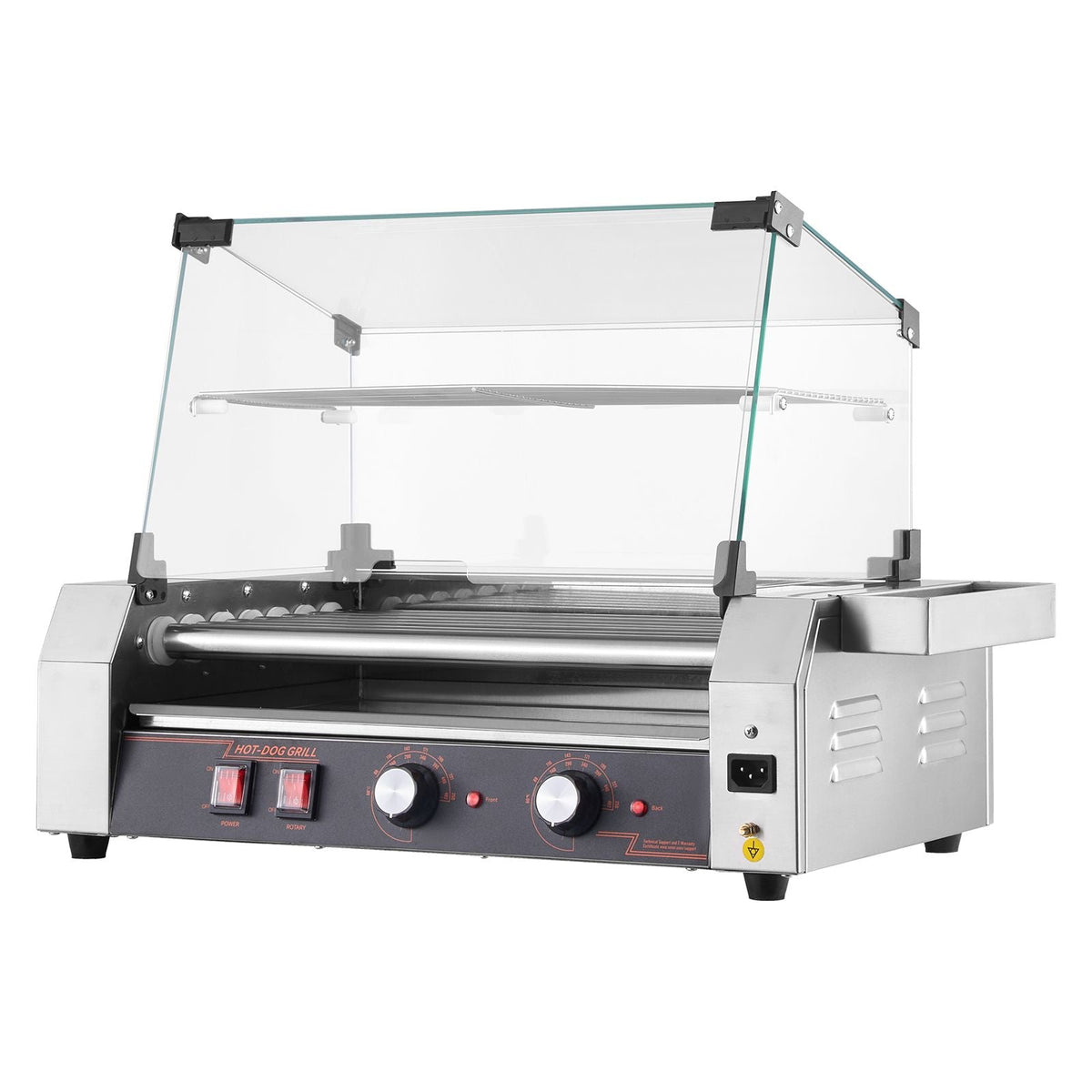 Hot Dog Roller, 18 Hot Dog 7 Rollers, Stainless Steel Sausage Grill Cooker, 1050W Commercial Hot Dog Machine with Dual Temp Control, Cover, Side Storage Box, Removable Shelf & Oil Drip Tray