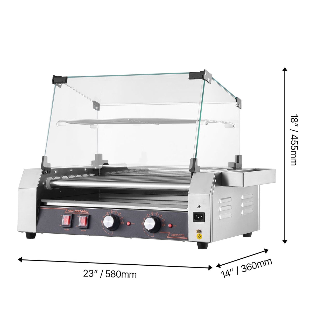 Hot Dog Roller, 18 Hot Dog 7 Rollers, Stainless Steel Sausage Grill Cooker, 1050W Commercial Hot Dog Machine with Dual Temp Control, Cover, Side Storage Box, Removable Shelf & Oil Drip Tray