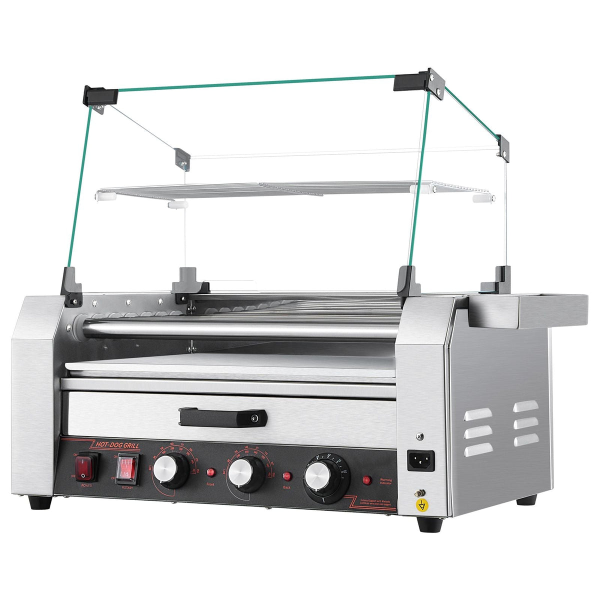Hot Dog Roller, 18 Hot Dog 7 Rollers, Stainless Steel Sausage Grill Cooker, 1200W Hot Dog Machine with Bun Warmer, Cover, 3 Temp Control, Side Storage Box, Oil Drip Tray, for Home & Commercial