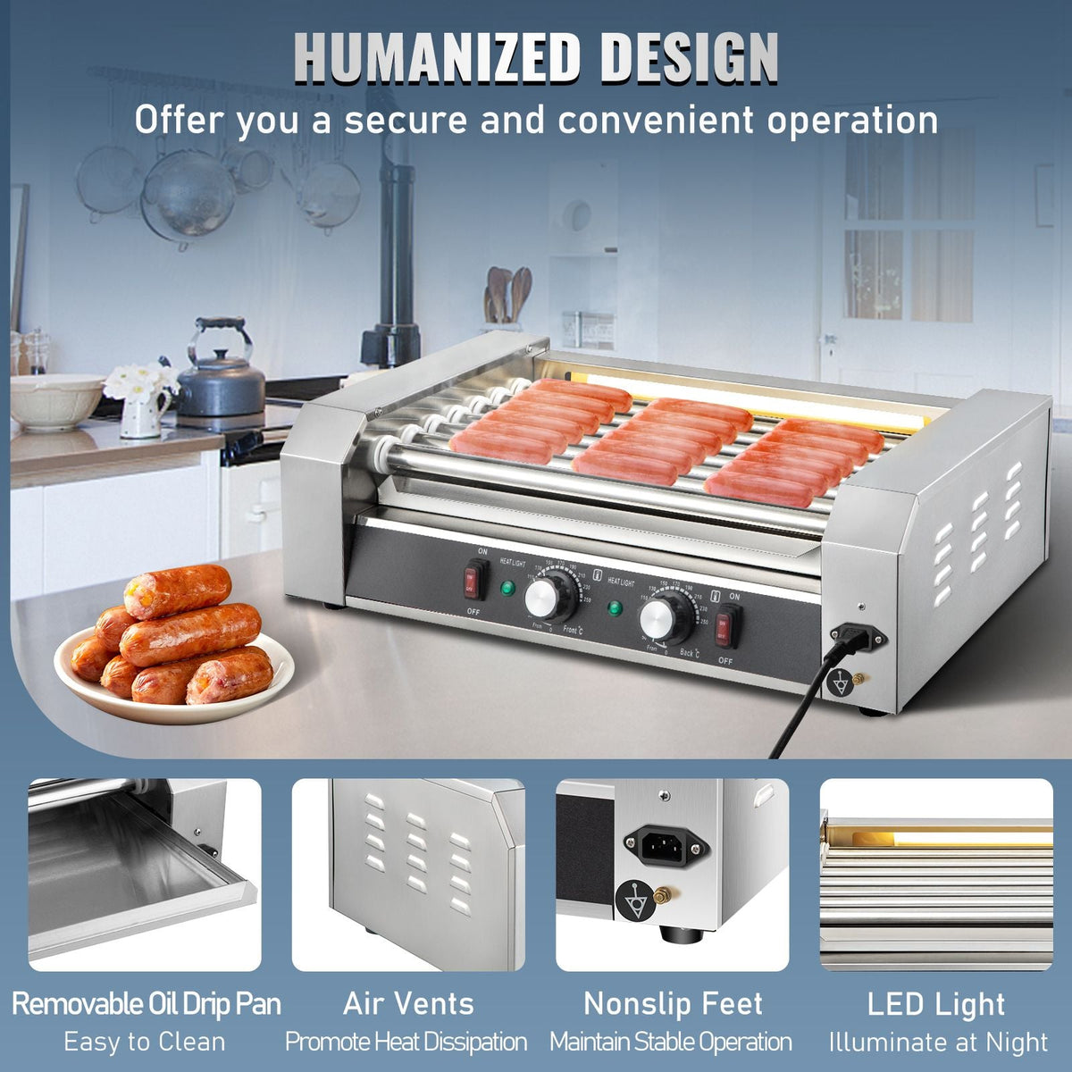 Hot Dog Roller, 18 Hot Dog Capacity 7 Rollers, 1050W Stainless Steel Cook Warmer Machine with Dual Temp Control, LED Light and Detachable Drip Tray, Sausage Grill Cooker for Kitchen Restaurant