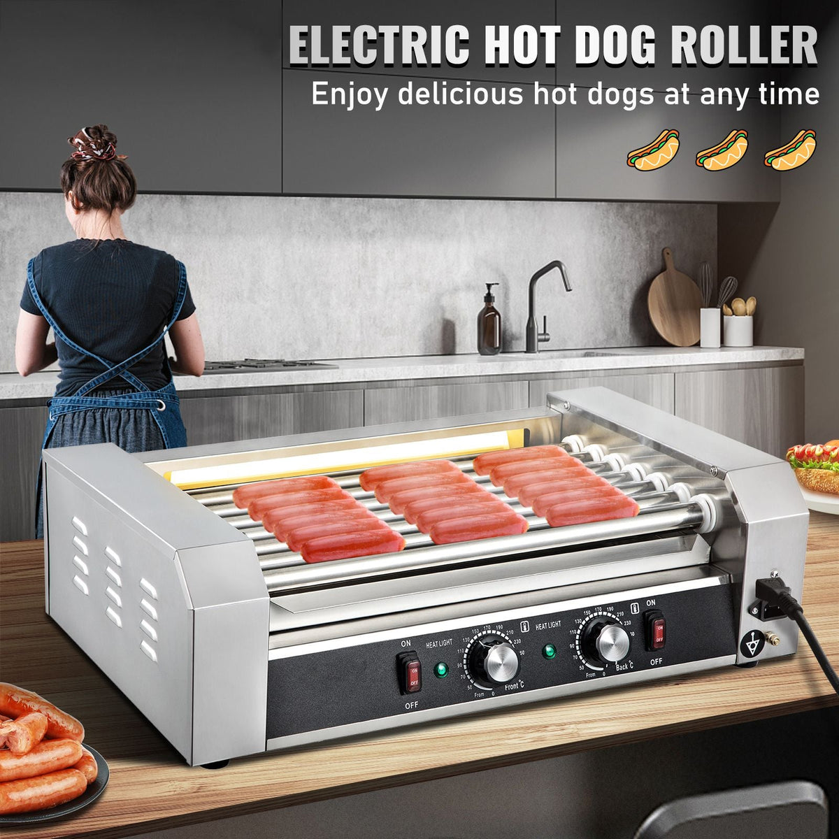 Hot Dog Roller, 18 Hot Dog Capacity 7 Rollers, 1050W Stainless Steel Cook Warmer Machine with Dual Temp Control, LED Light and Detachable Drip Tray, Sausage Grill Cooker for Kitchen Restaurant