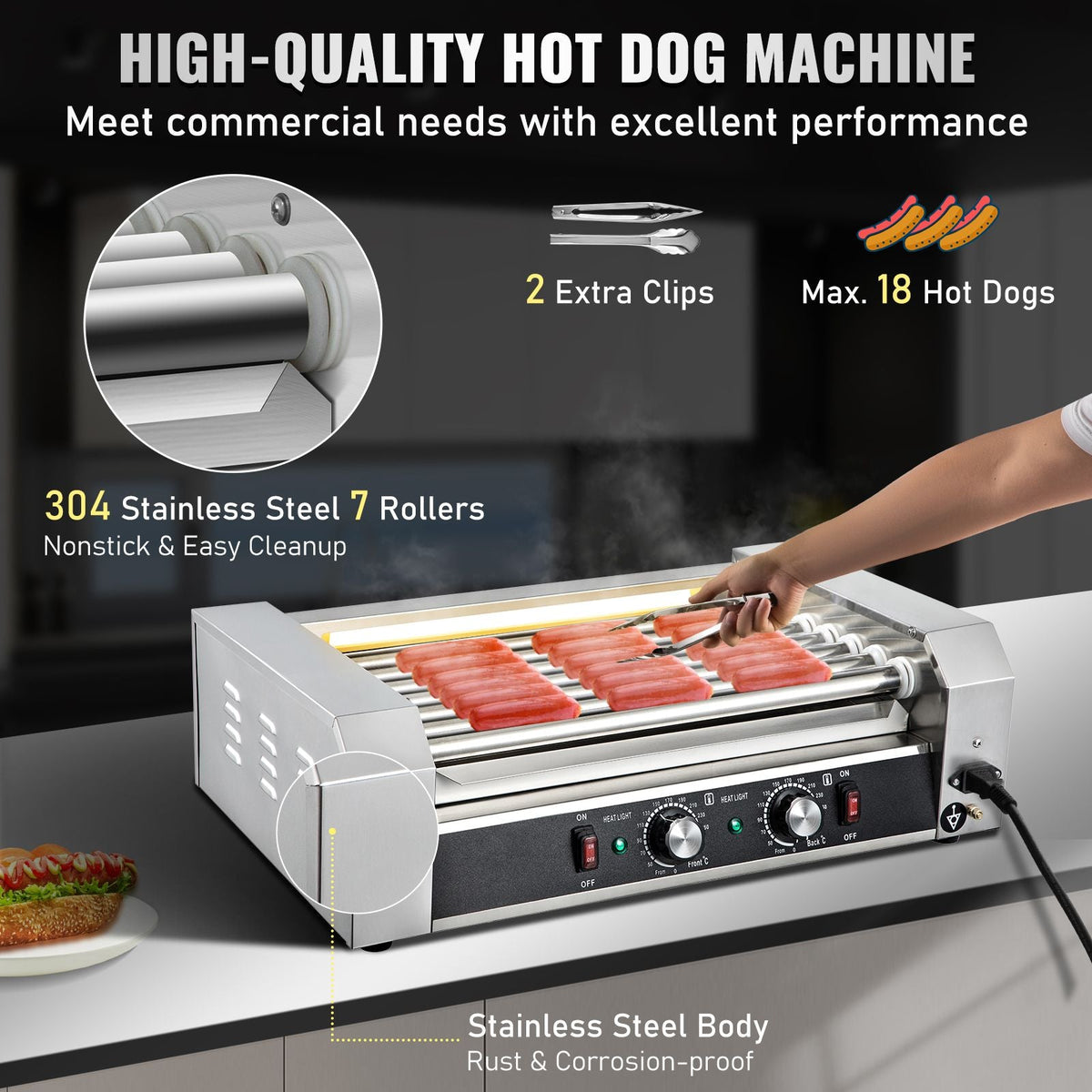 Hot Dog Roller, 18 Hot Dog Capacity 7 Rollers, 1050W Stainless Steel Cook Warmer Machine with Dual Temp Control, LED Light and Detachable Drip Tray, Sausage Grill Cooker for Kitchen Restaurant