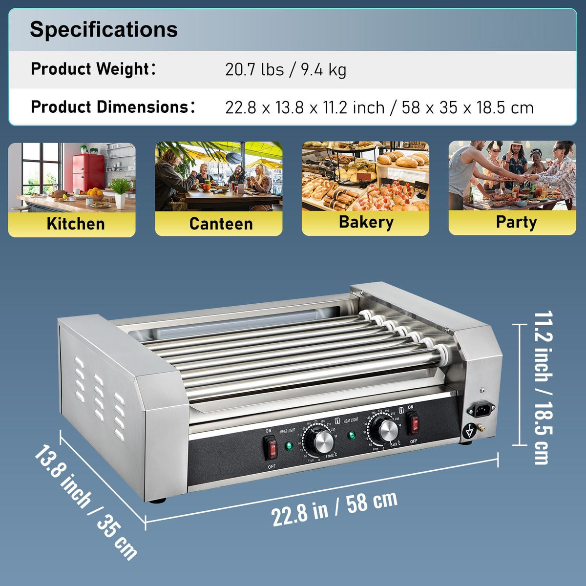 Hot Dog Roller, 18 Hot Dog Capacity 7 Rollers, 1050W Stainless Steel Cook Warmer Machine with Dual Temp Control, LED Light and Detachable Drip Tray, Sausage Grill Cooker for Kitchen Restaurant