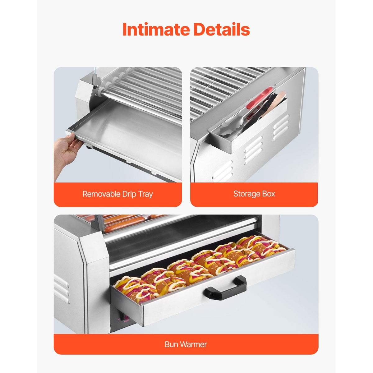Hot Dog Roller, 30 Hot Dog 11 Rollers, Stainless Steel Sausage Grill Cooker, 1950W Hot Dog Machine with Bun Warmer, Cover, 3 Temp Control, Side Storage Box, Oil Drip Tray, for Home & Commercial