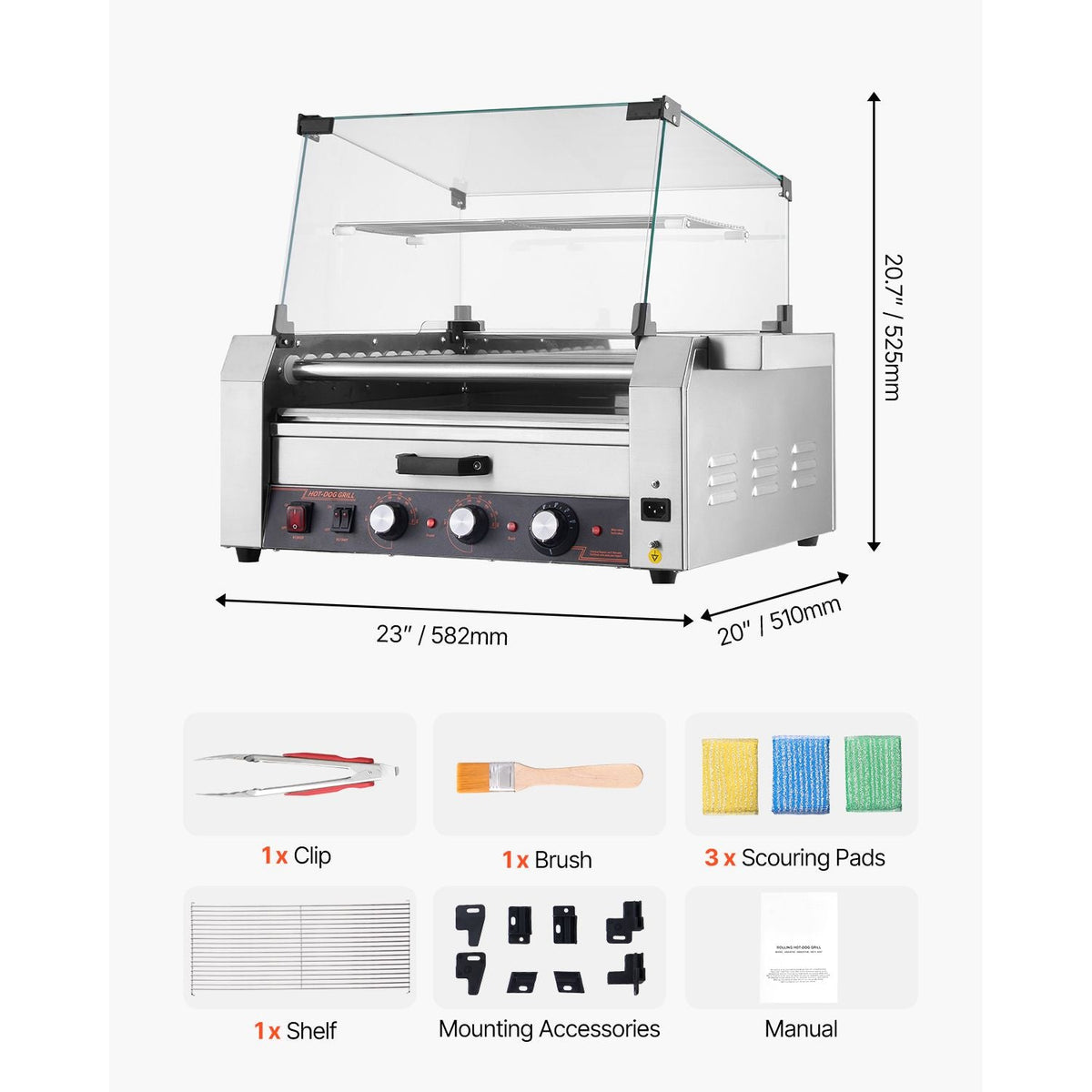 Hot Dog Roller, 30 Hot Dog 11 Rollers, Stainless Steel Sausage Grill Cooker, 1950W Hot Dog Machine with Bun Warmer, Cover, 3 Temp Control, Side Storage Box, Oil Drip Tray, for Home & Commercial