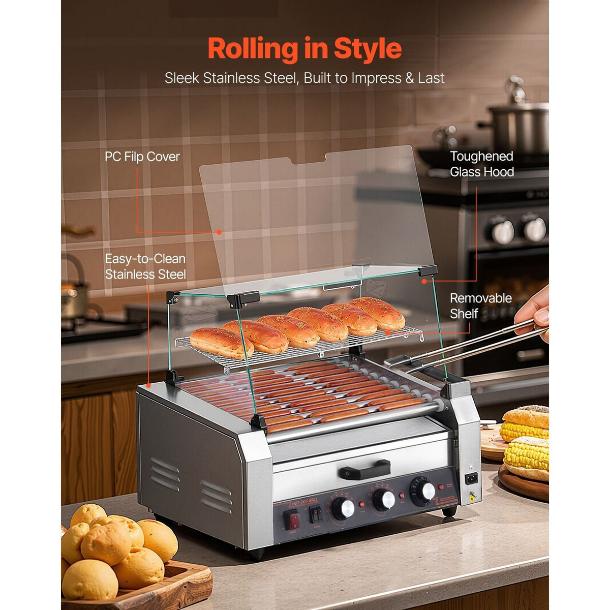 Hot Dog Roller, 30 Hot Dog 11 Rollers, Stainless Steel Sausage Grill Cooker, 1950W Hot Dog Machine with Bun Warmer, Cover, 3 Temp Control, Side Storage Box, Oil Drip Tray, for Home & Commercial