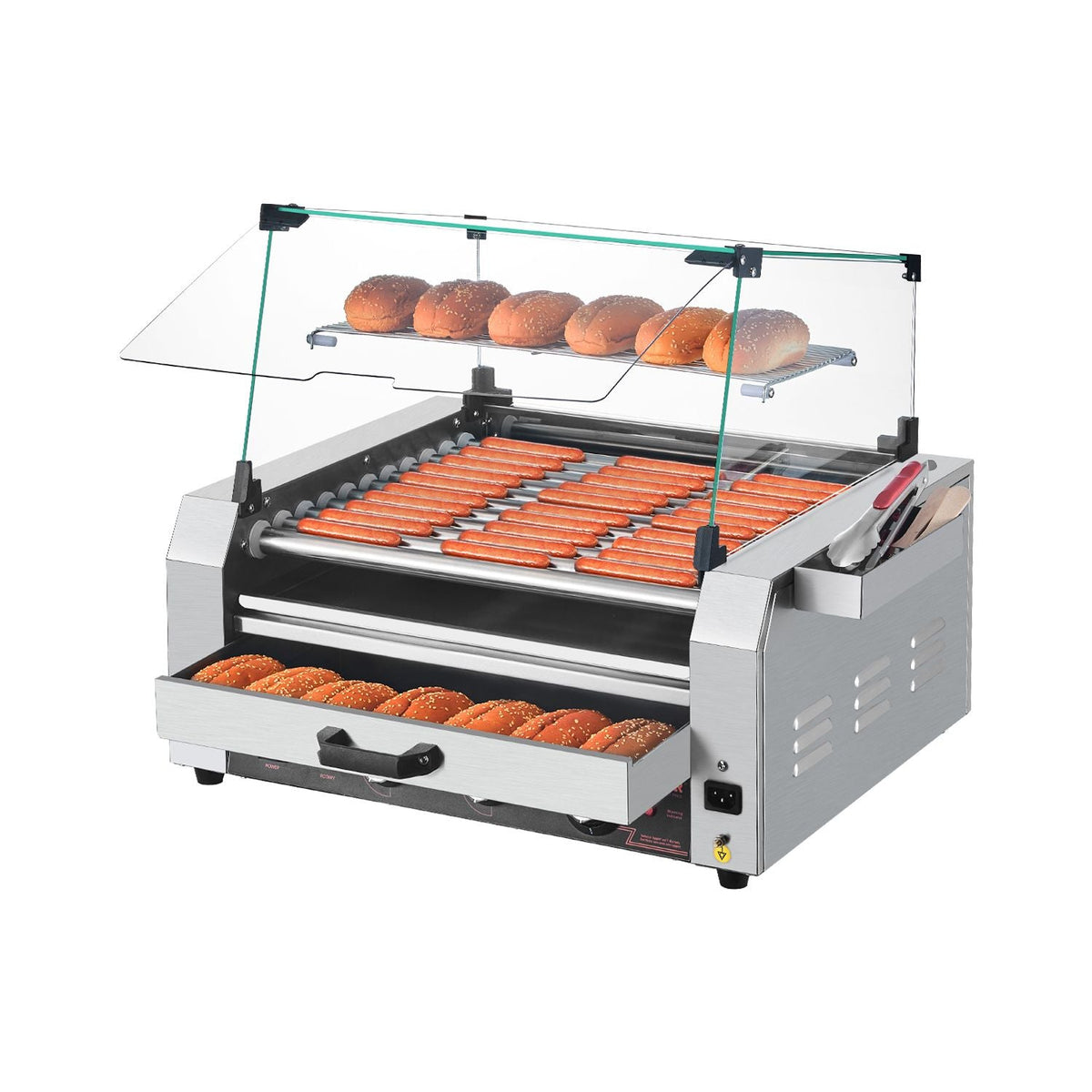 Hot Dog Roller, 30 Hot Dog 11 Rollers, Stainless Steel Sausage Grill Cooker, 1950W Hot Dog Machine with Bun Warmer, Cover, 3 Temp Control, Side Storage Box, Oil Drip Tray, for Home & Commercial