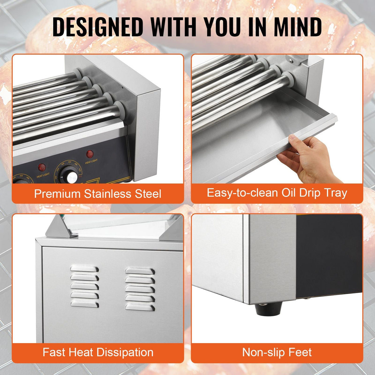 Hot Dog Roller 5 Rollers 12 Hot Dogs Capacity, 750W Stainless Sausage Grill Cooker Machine with Dual Temp Control Glass Hood Acrylic Cover Bun Warmer Shelf Removable Oil Drip Tray ETL Certified