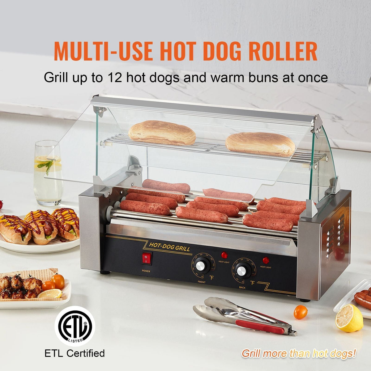 Hot Dog Roller 5 Rollers 12 Hot Dogs Capacity, 750W Stainless Sausage Grill Cooker Machine with Dual Temp Control Glass Hood Acrylic Cover Bun Warmer Shelf Removable Oil Drip Tray ETL Certified