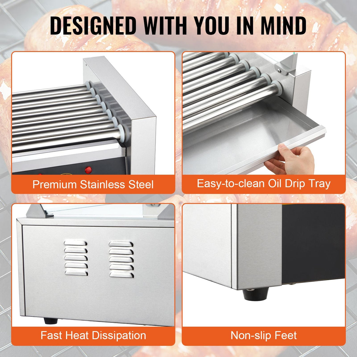 Hot Dog Roller 7 Rollers 18 Hot Dogs Capacity 1050W Stainless Sausage Grill Cooker Machine with Dual Temp Control Glass Hood Acrylic Cover Bun Warmer Shelf Removable Oil Drip Tray, ETL Certified