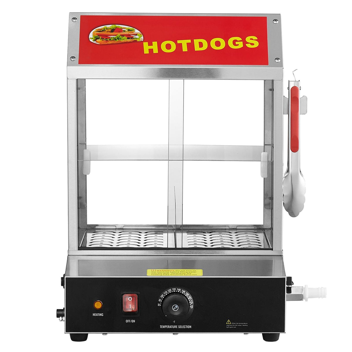 Hot Dog Steamer, 28.5QT, 2-Tier Hot Dog Hut Steamer, 86-185 F Temp Control, Electric Bun Warmer with Tempered Glass Slide Doors Partition Plate Tong, Stainless Steel, for Hot Dogs & Buns