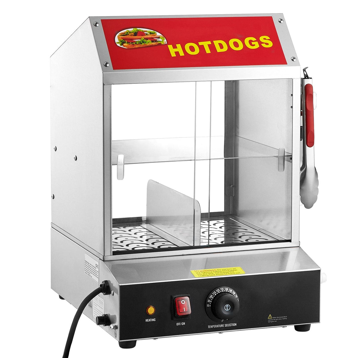 Hot Dog Steamer, 28.5QT, 2-Tier Hot Dog Hut Steamer, 86-185 F Temp Control, Electric Bun Warmer with Tempered Glass Slide Doors Partition Plate Tong, Stainless Steel, for Hot Dogs & Buns