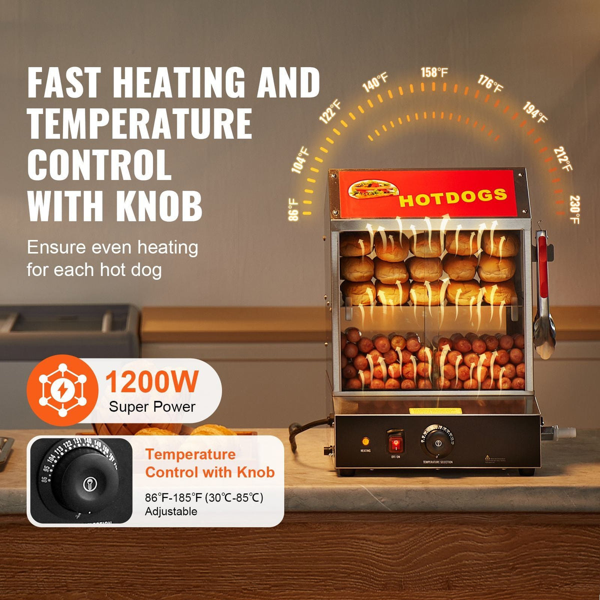 Hot Dog Steamer, 28.5QT, 2-Tier Hot Dog Hut Steamer, 86-185 F Temp Control, Electric Bun Warmer with Tempered Glass Slide Doors Partition Plate Tong, Stainless Steel, for Hot Dogs & Buns