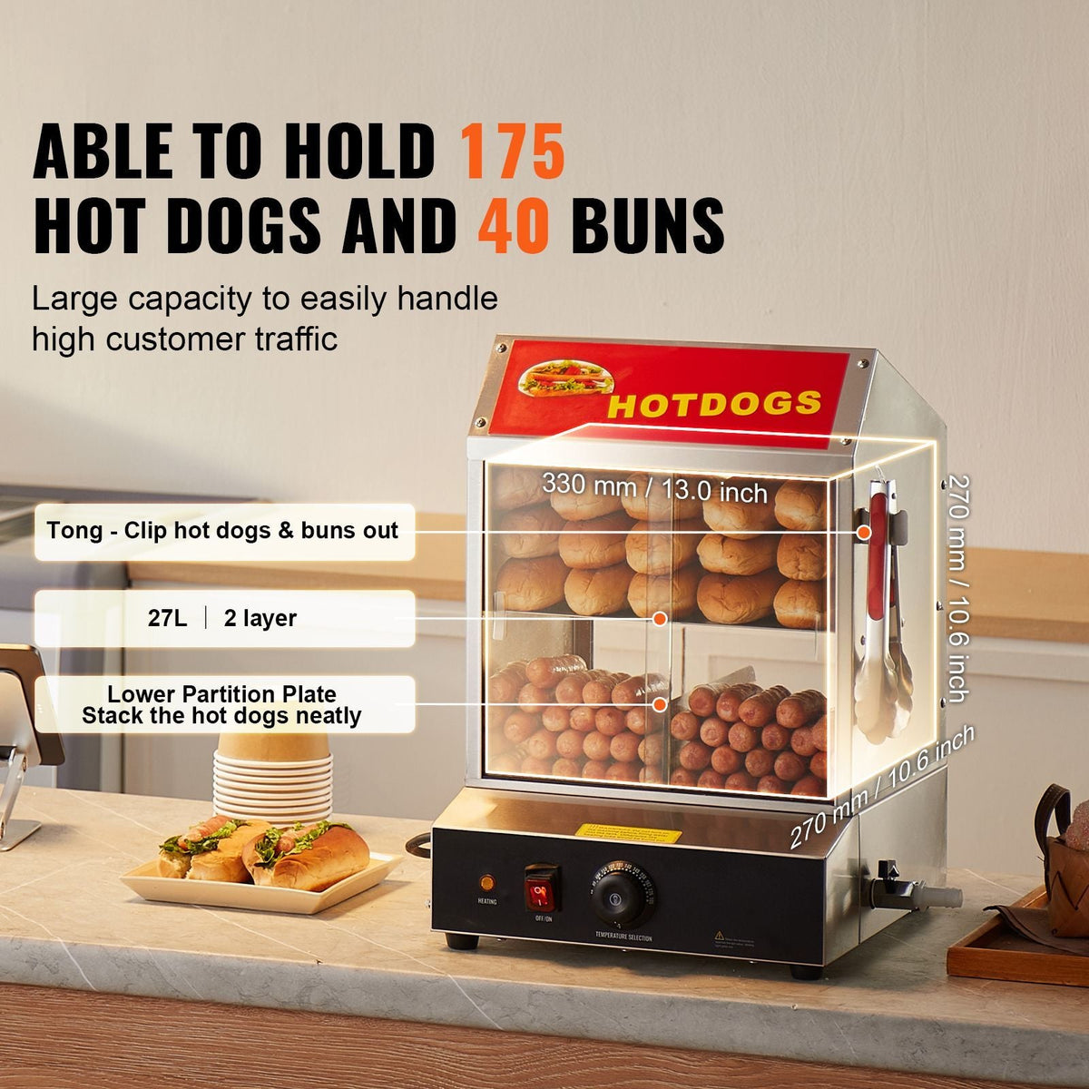 Hot Dog Steamer, 28.5QT, 2-Tier Hot Dog Hut Steamer, 86-185 F Temp Control, Electric Bun Warmer with Tempered Glass Slide Doors Partition Plate Tong, Stainless Steel, for Hot Dogs & Buns