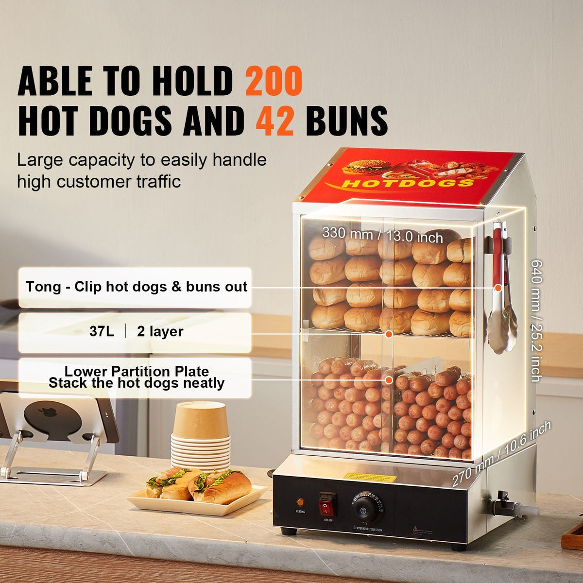 Hot Dog Steamer, 39QT, 2-Tier Hot Dog Hut Steamer, 86-185 Fahrenheit Temp Control, Electric Bun Warmer with Tempered Glass Slide Doors Partition Plate Tong, Stainless Steel, for Hot Dogs & Buns
