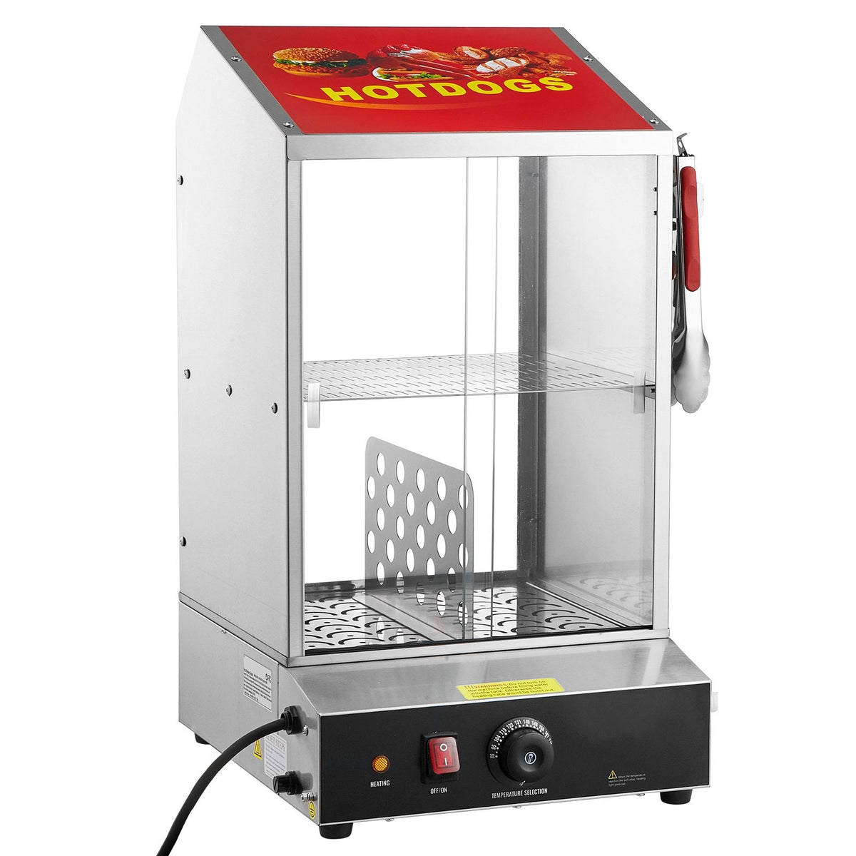 Hot Dog Steamer, 39QT, 2-Tier Hot Dog Hut Steamer, 86-185 Fahrenheit Temp Control, Electric Bun Warmer with Tempered Glass Slide Doors Partition Plate Tong, Stainless Steel, for Hot Dogs & Buns