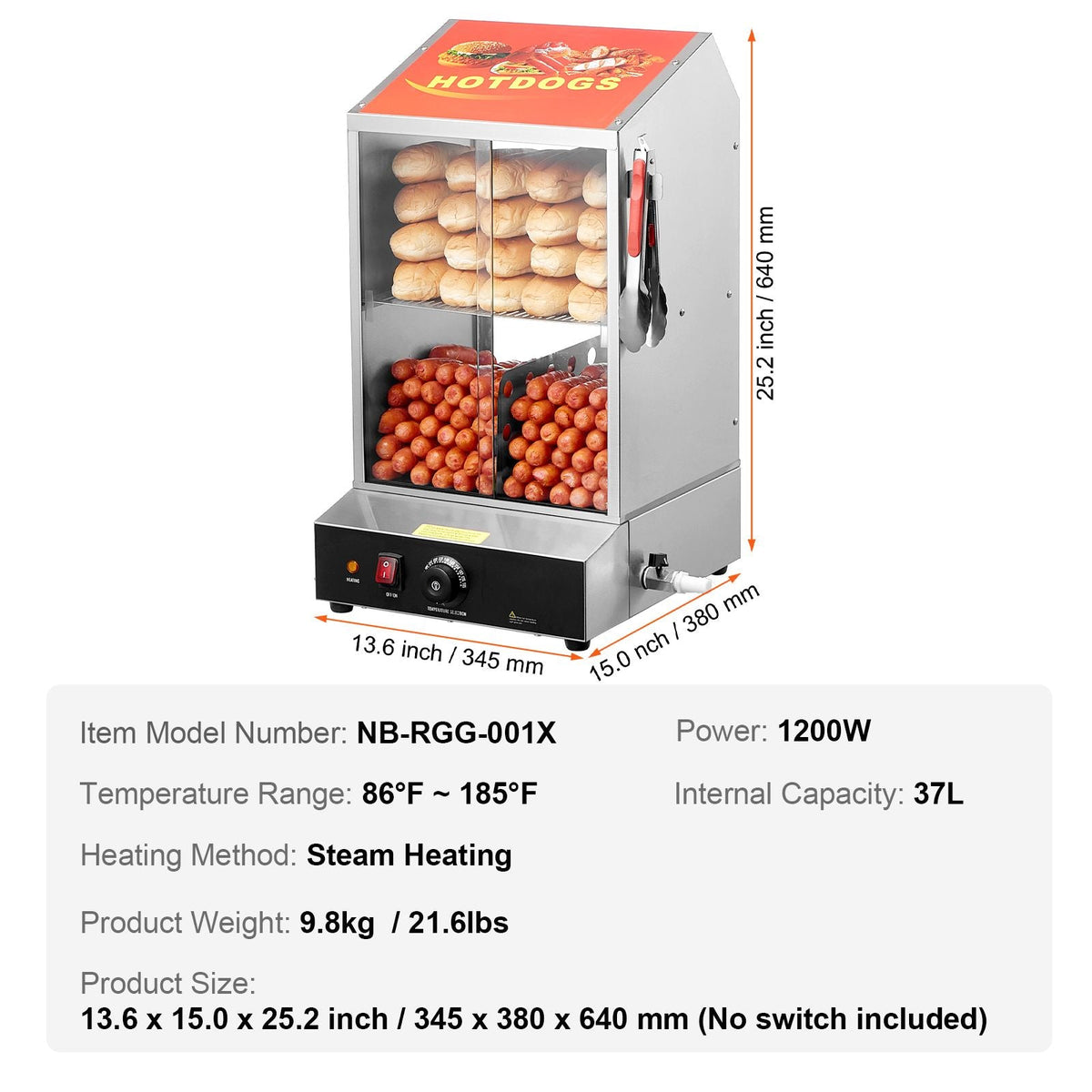 Hot Dog Steamer, 39QT, 2-Tier Hot Dog Hut Steamer, 86-185 Fahrenheit Temp Control, Electric Bun Warmer with Tempered Glass Slide Doors Partition Plate Tong, Stainless Steel, for Hot Dogs & Buns