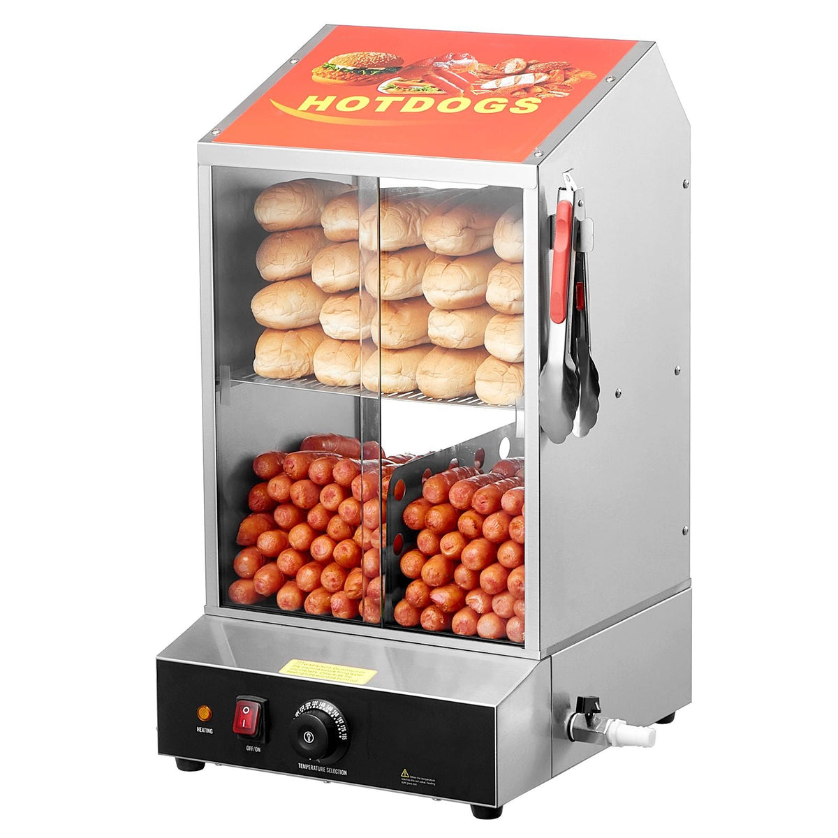 Hot Dog Steamer, 39QT, 2-Tier Hot Dog Hut Steamer, 86-185 Fahrenheit Temp Control, Electric Bun Warmer with Tempered Glass Slide Doors Partition Plate Tong, Stainless Steel, for Hot Dogs & Buns