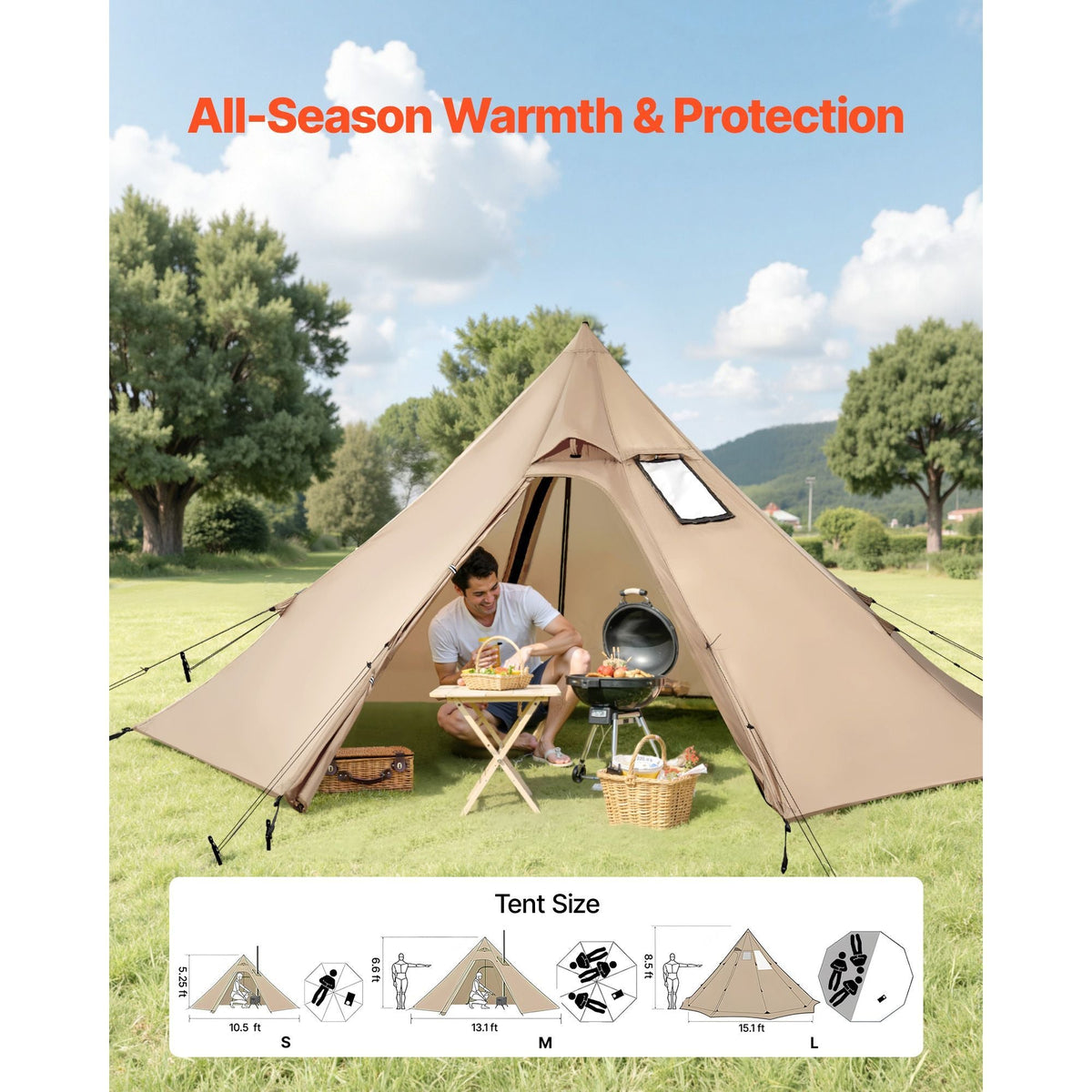 Hot Tent for 2 Persons, Portable Winter Tipi Tent with Stove Jack, Waterproof Canvas Camping Tents, Lightweight 4 Season Shelter Tents for Hiking Fishing Backpacking, S Size