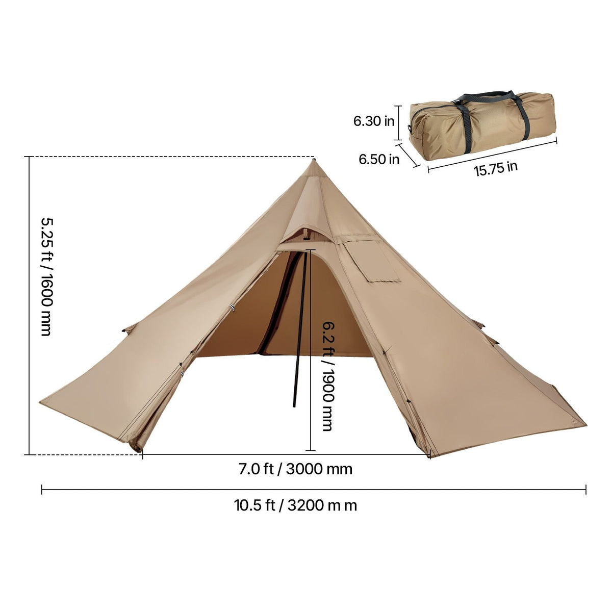 Hot Tent for 2 Persons, Portable Winter Tipi Tent with Stove Jack, Waterproof Canvas Camping Tents, Lightweight 4 Season Shelter Tents for Hiking Fishing Backpacking, S Size