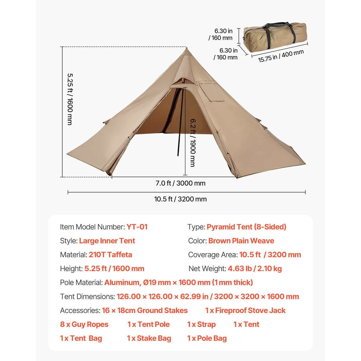 Hot Tent for 2 Persons, Portable Winter Tipi Tent with Stove Jack, Waterproof Canvas Camping Tents, Lightweight 4 Season Shelter Tents for Hiking Fishing Backpacking, S Size