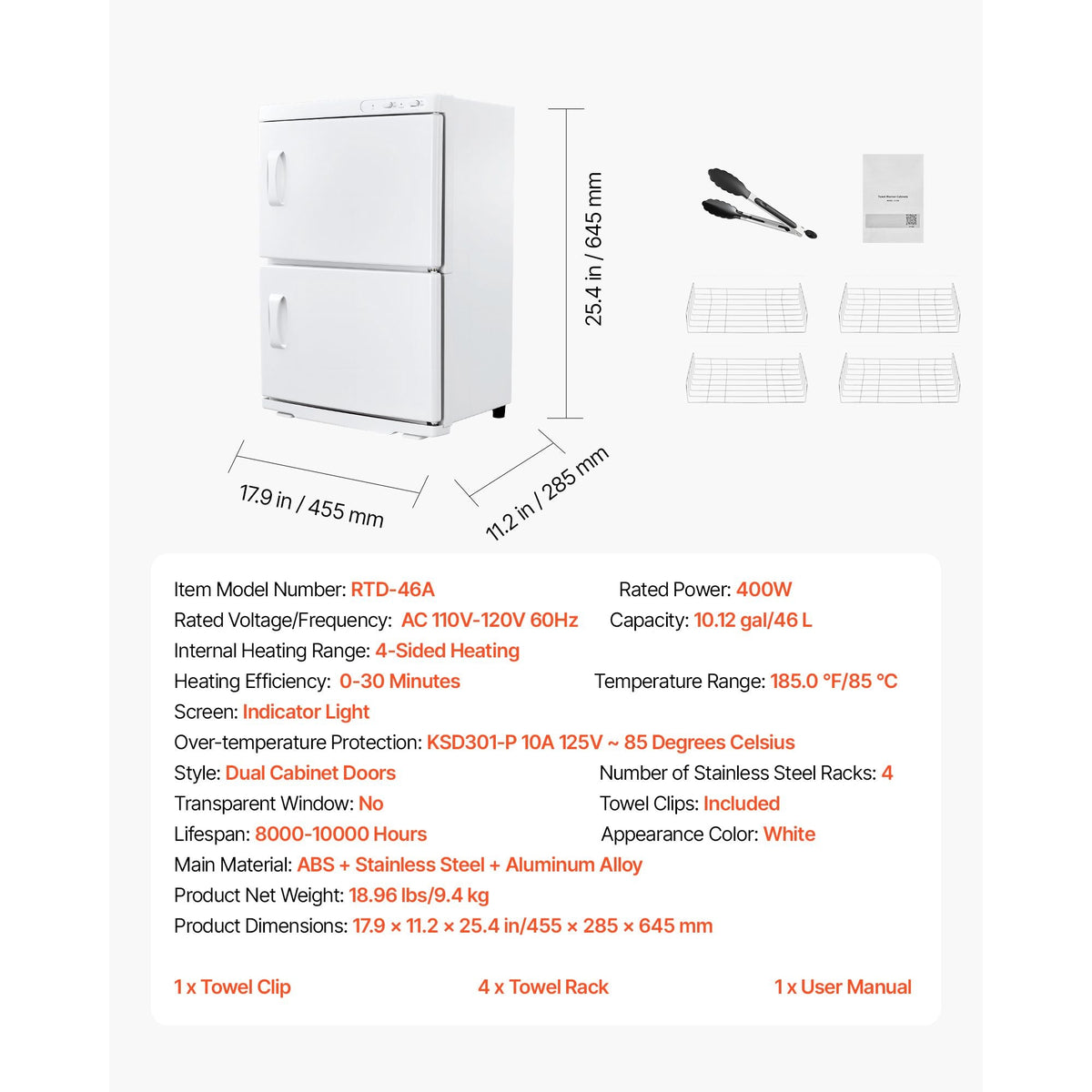 Hot Towel Warmer, 10 gal Large Capacity 2-Tier Towel Warmer Cabinet with Clip & 4 Stainless Steel Racks, Holds up 48 Towels, All-Round Heating Cabinet for Spa, Barber, Manicures, Massage, Salon