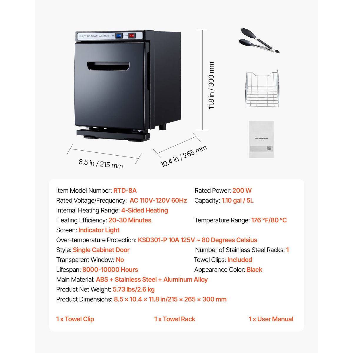 Hot Towel Warmer, 1.1 gal Small Towel Warmer Cabinet with Clip & Stainless Steel Rack, Holds up 8-12 Towels, Portable All-Round Heating Cabinet for Spa, Barber, Manicures, Massage, Salon, Black