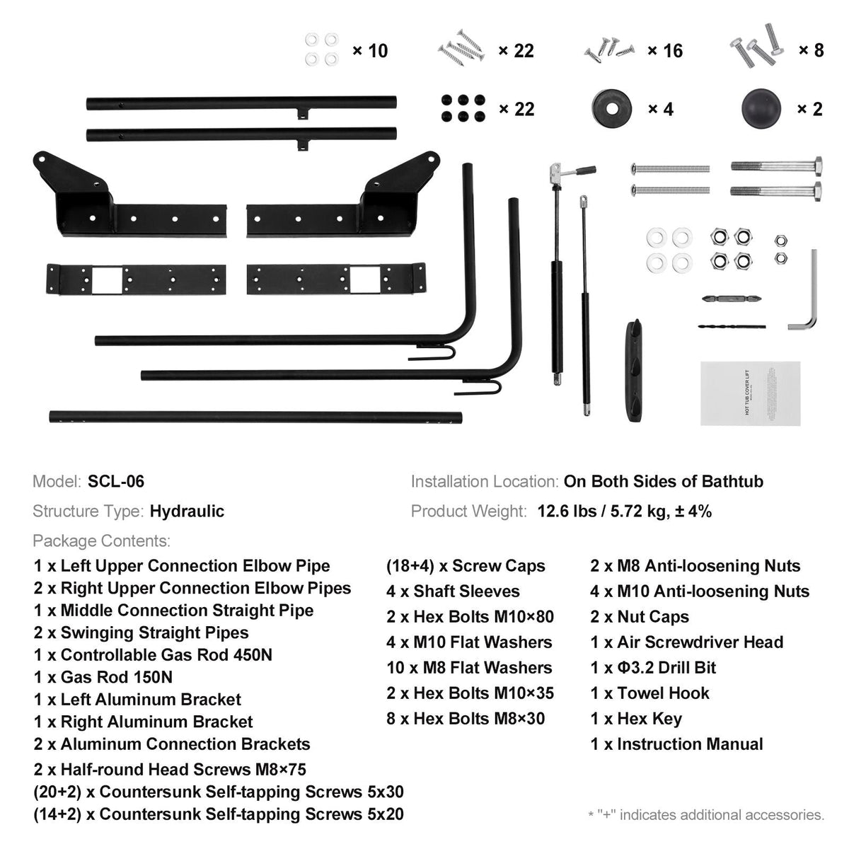Hot Tub Cover Lift, Spa Cover Lift, Hydraulic, Width 69" - 96.5" Adjustable, Installed on Both Sides at the Top, Suitable for Various Sizes of Rectangular Bathtubs, Hot Tubs, Spa