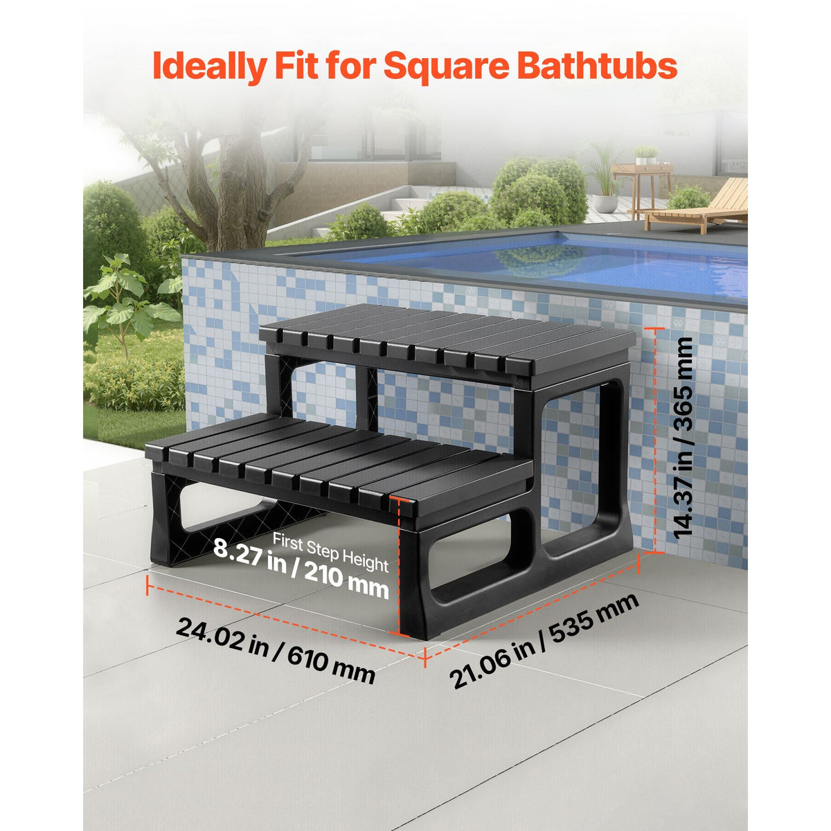 Hot Tub Steps, 2-Step Spa Outdoor Stairs, Heavy Duty 23.6 inch Wide PP Above-Ground/Inflatable Pool Ladder with 320 lbs Weight Capacity, Multi-Use for Porch, Patio, Deck, Campers, Black