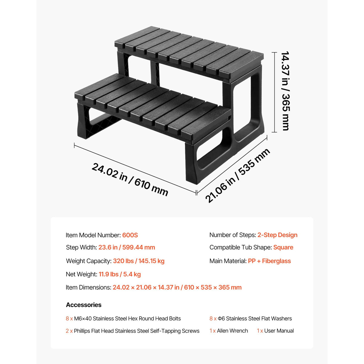 Hot Tub Steps, 2-Step Spa Outdoor Stairs, Heavy Duty 23.6 inch Wide PP Above-Ground/Inflatable Pool Ladder with 320 lbs Weight Capacity, Multi-Use for Porch, Patio, Deck, Campers, Black