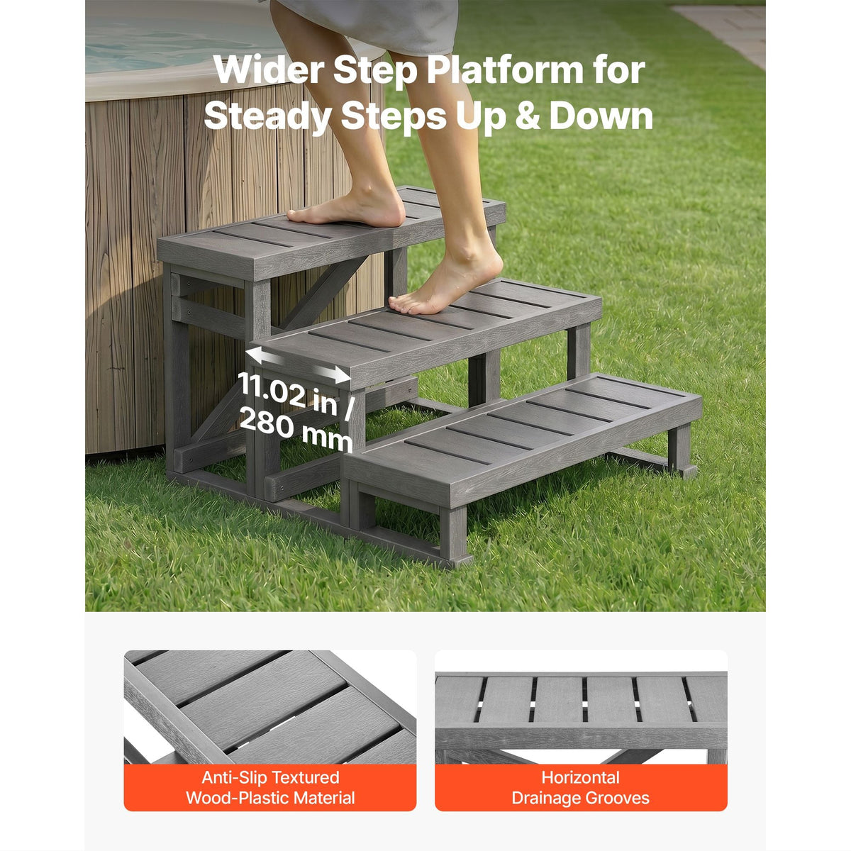 Hot Tub Steps 3-Step Spa Stairs 27.5 in Wide Step Ladder Outdoor, 350 lbs Capacity, Sturdy HIPS Plastic, Non-Slip Foot Pads, Easy Assembly, Stable Access for Pool, RV, Home Patio and Backyard