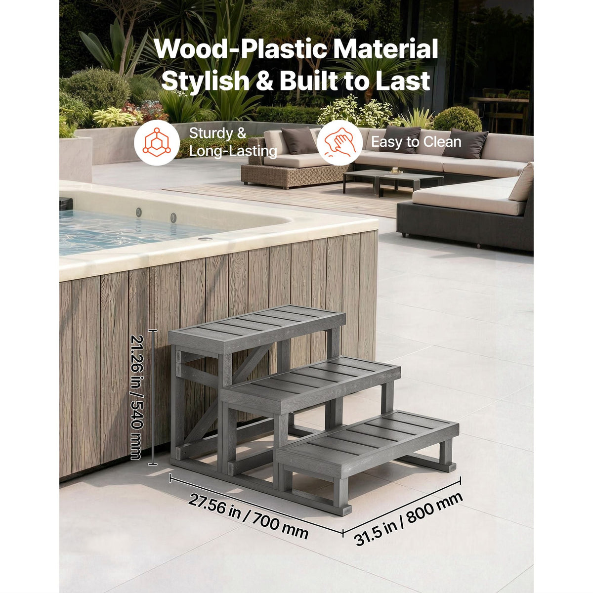 Hot Tub Steps 3-Step Spa Stairs 27.5 in Wide Step Ladder Outdoor, 350 lbs Capacity, Sturdy HIPS Plastic, Non-Slip Foot Pads, Easy Assembly, Stable Access for Pool, RV, Home Patio and Backyard