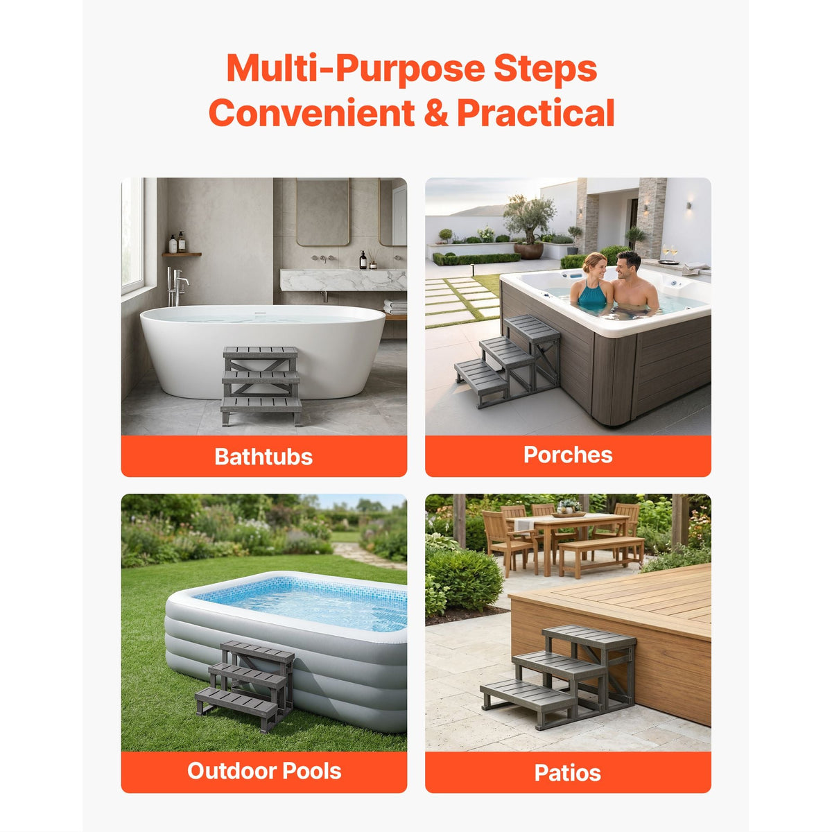 Hot Tub Steps 3-Step Spa Stairs 27.5 in Wide Step Ladder Outdoor, 350 lbs Capacity, Sturdy HIPS Plastic, Non-Slip Foot Pads, Easy Assembly, Stable Access for Pool, RV, Home Patio and Backyard