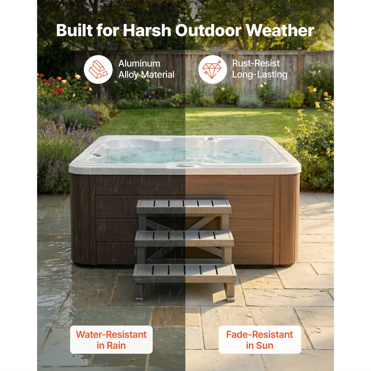 Hot Tub Steps 3-Step Spa Stairs 27.5 in Wide Step Ladder Outdoor, 350 lbs Capacity, Sturdy HIPS Plastic, Non-Slip Foot Pads, Easy Assembly, Stable Access for Pool, RV, Home Patio and Backyard