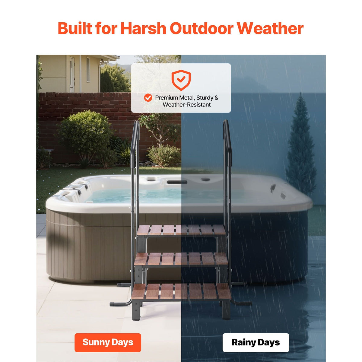 Hot Tub Steps with Handrail, 3-Step Spa Outdoor Stairs, Heavy Duty 25.2 inch Wide Above-Ground/Inflatable Pool Ladder with 550 lbs Weight Capacity, Multi-Use for Porch, Patio, Deck, Trailers