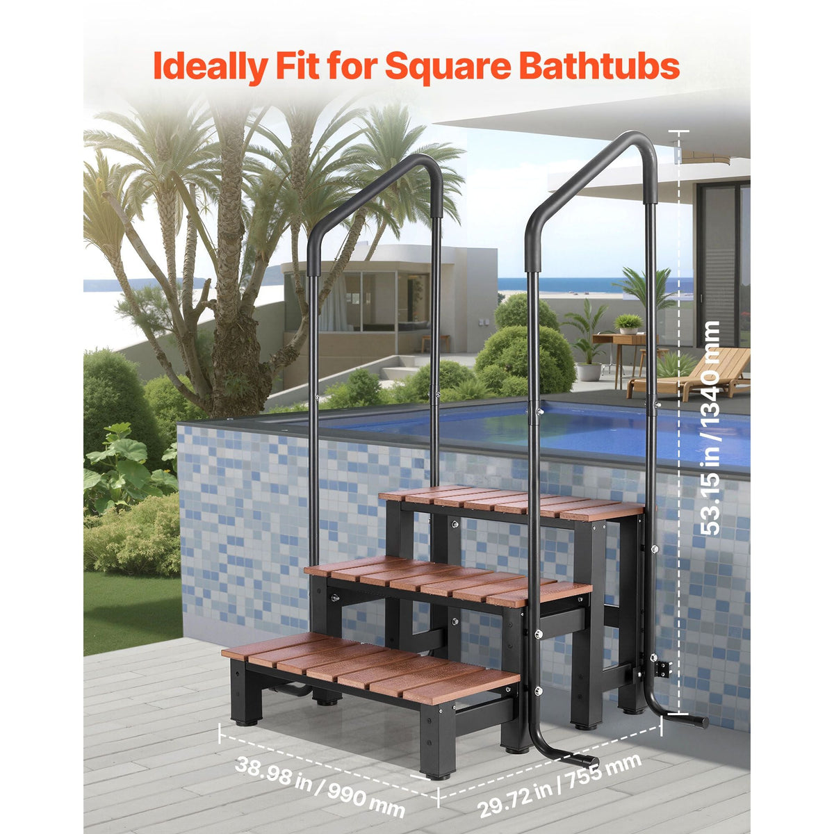 Hot Tub Steps with Handrail, 3-Step Spa Outdoor Stairs, Heavy Duty 25.2 inch Wide Above-Ground/Inflatable Pool Ladder with 550 lbs Weight Capacity, Multi-Use for Porch, Patio, Deck, Trailers