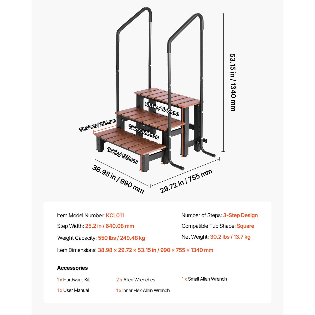 Hot Tub Steps with Handrail, 3-Step Spa Outdoor Stairs, Heavy Duty 25.2 inch Wide Above-Ground/Inflatable Pool Ladder with 550 lbs Weight Capacity, Multi-Use for Porch, Patio, Deck, Trailers
