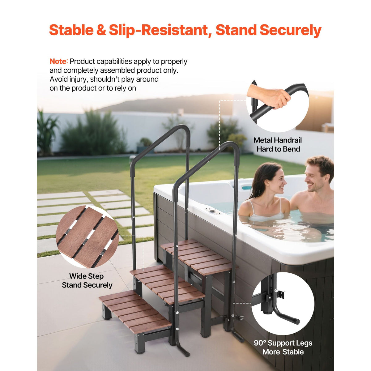 Hot Tub Steps with Handrail, 3-Step Spa Outdoor Stairs, Heavy Duty 25.2 inch Wide Above-Ground/Inflatable Pool Ladder with 550 lbs Weight Capacity, Multi-Use for Porch, Patio, Deck, Trailers