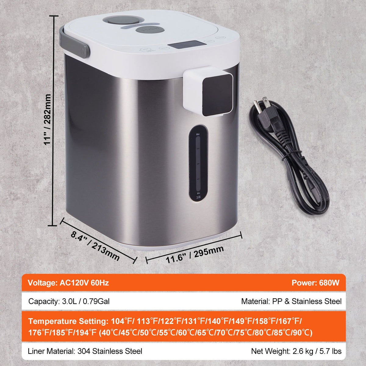Hot Water Dispenser, Adjustable 11 Temperatures Water Boiler and Warmer, 304 Stainless Steel Countertop Water Heater, with LCD and Child Lock, for Tea, Coffee and Baby Formula, 3L/102 oz