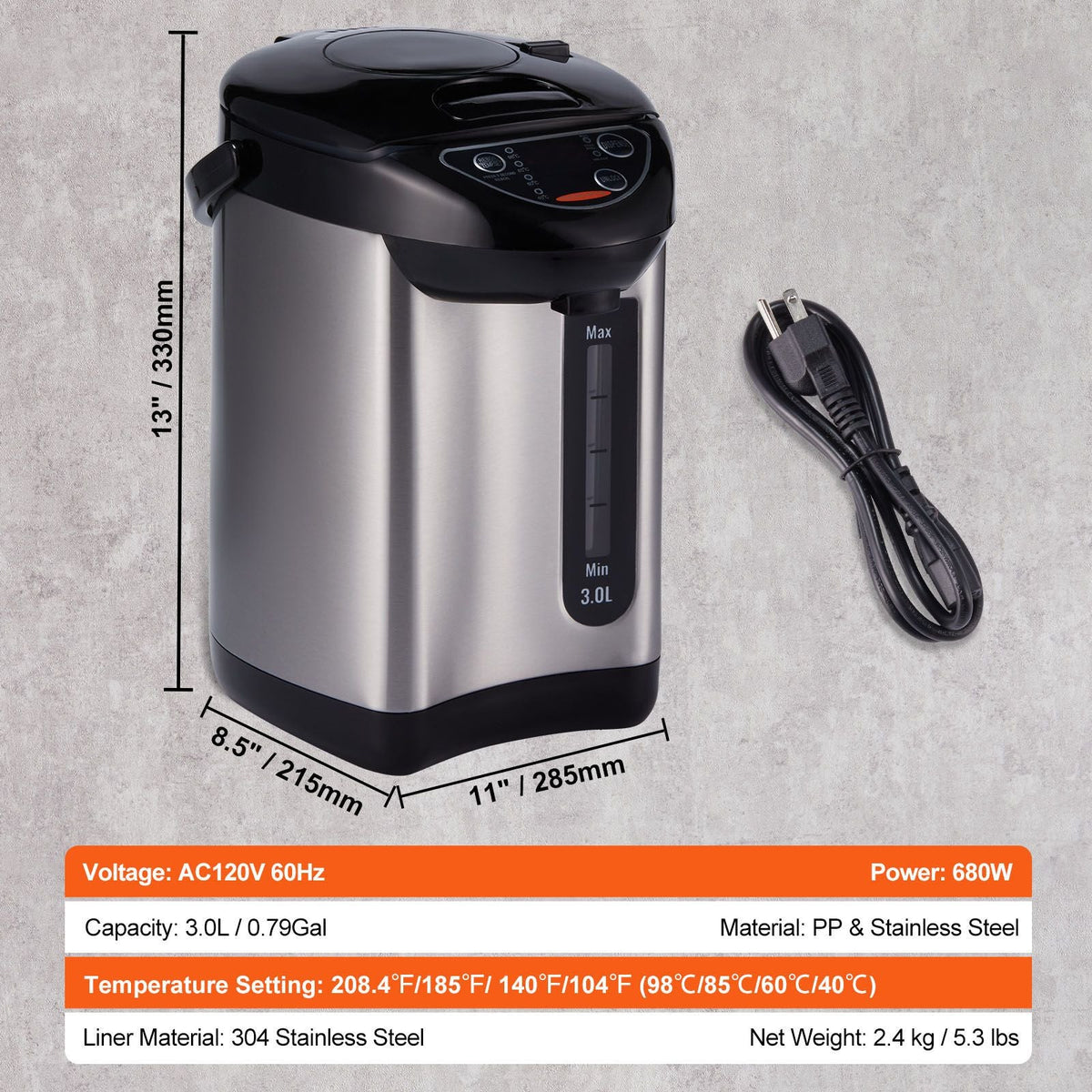 Hot Water Dispenser, Adjustable 4 Temperatures Water Boiler and Warmer, 304 Stainless Steel Countertop Water Heater, 3-Way Dispense for Tea, Coffee and Baby Formula, 3L/102 oz