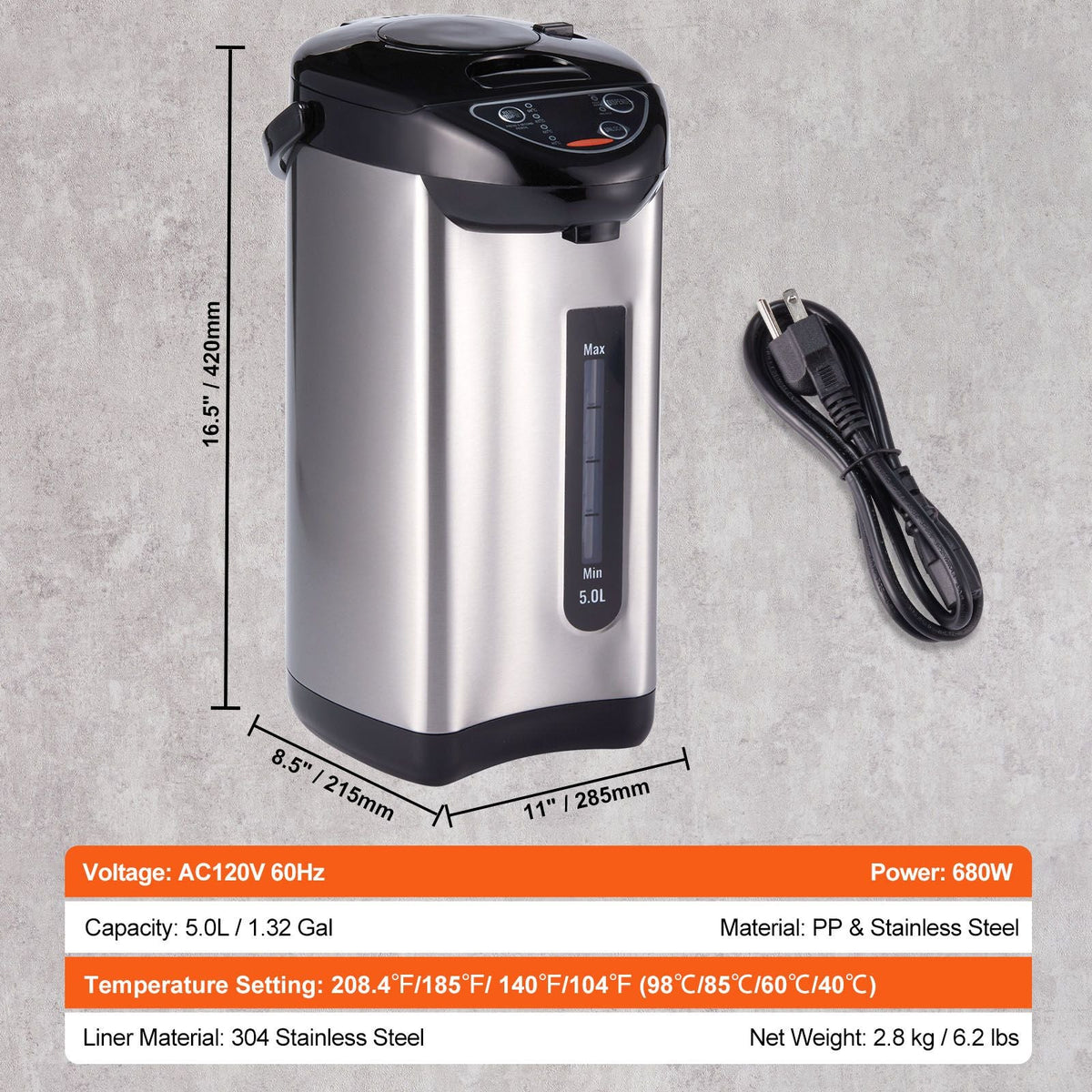 Hot Water Dispenser, Adjustable 4 Temperatures Water Boiler and Warmer, 304 Stainless Steel Countertop Water Heater, 3-Way Dispense for Tea, Coffee and Baby Formula, 5L/169 oz