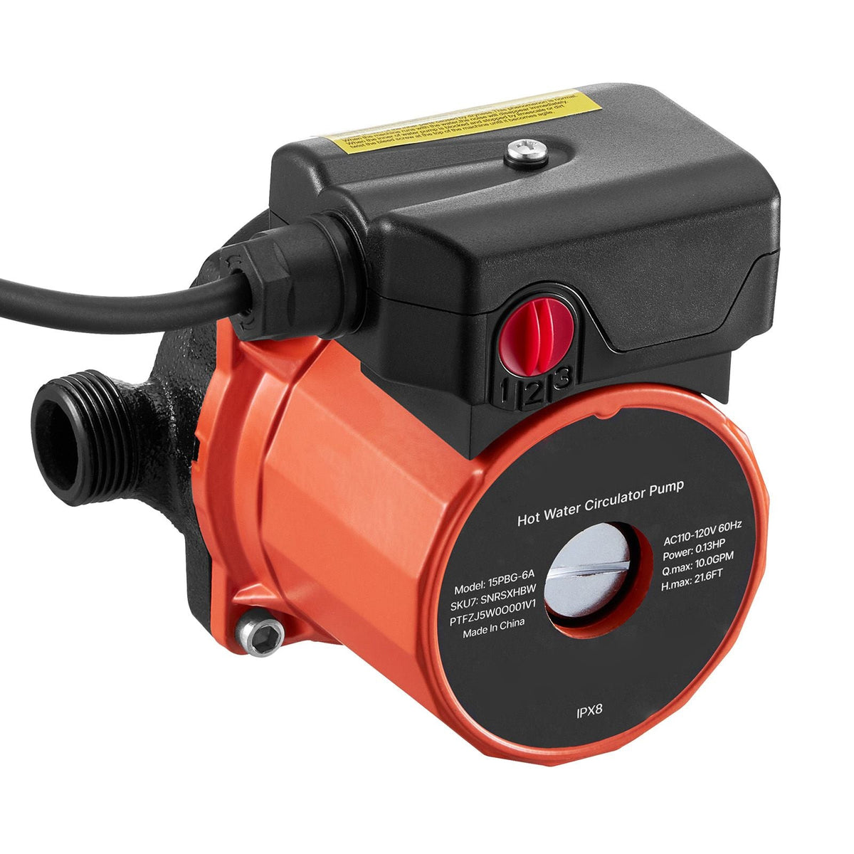 Hot Water Recirculating Pump, 10 GPM, Instant Circulation Circulator Pump System, 3-Speed Control, 0.13 HP, 110-120V, NPT 3/4 in to NPT 1/2 in Adapter, Cast Iron Head, for Water Heater System