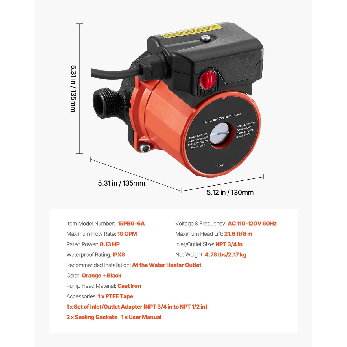 Hot Water Recirculating Pump, 10 GPM, Instant Circulation Circulator Pump System, 3-Speed Control, 0.13 HP, 110-120V, NPT 3/4 in to NPT 1/2 in Adapter, Cast Iron Head, for Water Heater System