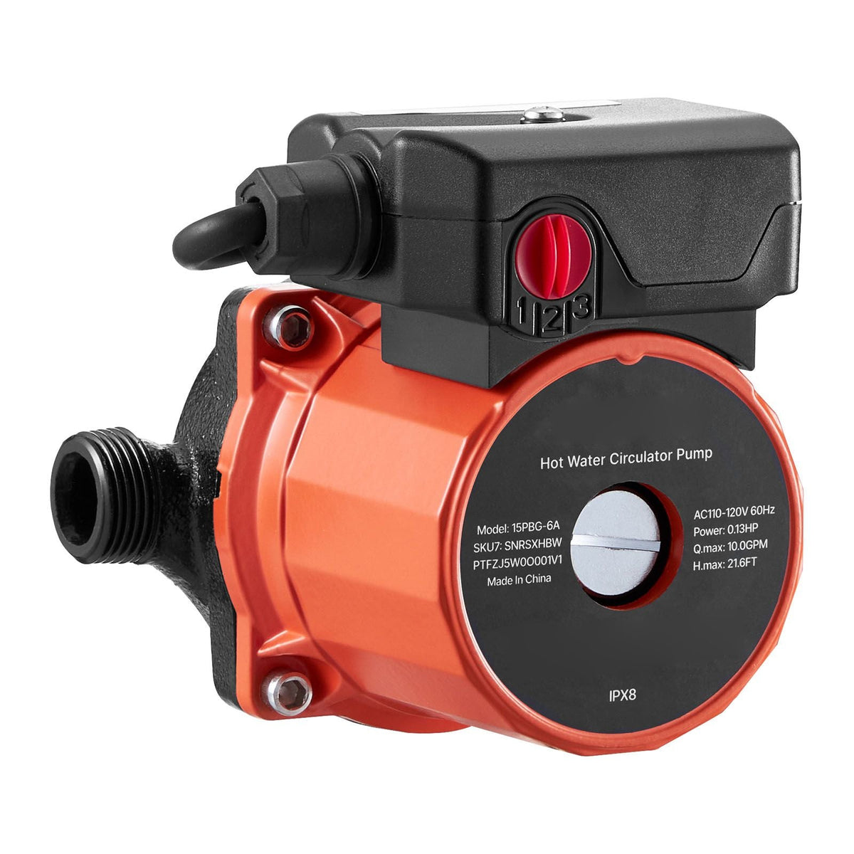 Hot Water Recirculating Pump, 10 GPM, Instant Circulation Circulator Pump System, 3-Speed Control, 0.13 HP, 110-120V, NPT 3/4 in to NPT 1/2 in Adapter, Cast Iron Head, for Water Heater System